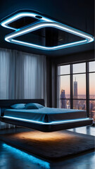 A futuristic floating bed that uses advanced magnetic levitation technology. The bed hovers above the ground, glowing with soft blue LED lights underneath. The sleek, minimalist design features a smoo