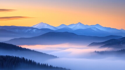 A mystical scene of misty mountains with rugged, snow-capped summits, shrouded in dense fog and illuminated by golden morning light
