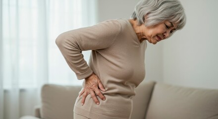 Elderly woman experiencing back pain while standing in a cozy living room with soft lighting