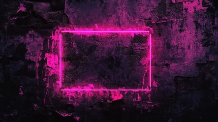 A neon frame glow around bold text on a textured wall, with the neon glow in vibrant pink, contrasting against the dark surface of the wall.