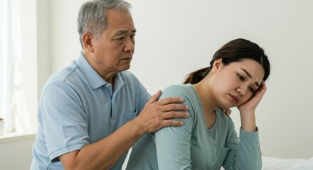 Obraz premium Elderly man comforting a distressed woman in a softly lit room, conveying emotional support and care
