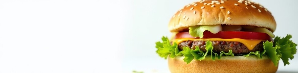 Close-up of a classic hamburger on a white background Details of the toppings are visible , tomato, menu, meal