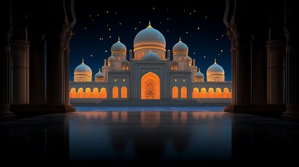 Majestic illuminated palace at night with intricate architecture and starry sky backdrop