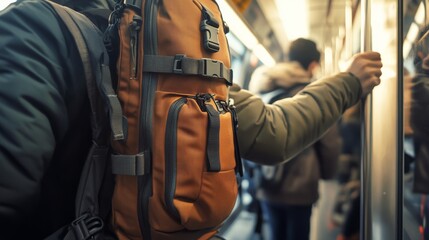 A traveler ensuring their zippers are securely locked while boarding a crowded train,