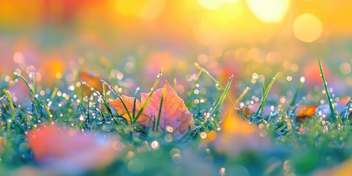 Colorful autumn leaves scattered on dewy grass with soft bokeh sunlight creating warm hues in the background, evoking a serene morning atmosphere.