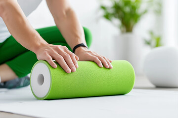 Fototapeta premium Close-up of hands on a green foam roller, ready for exercise on a mat, with greenery in the background.