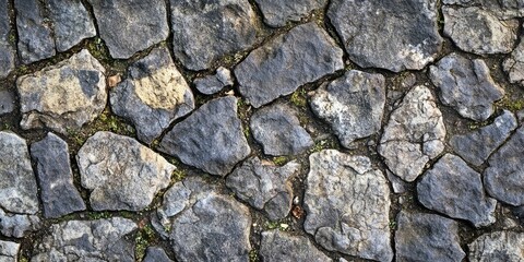 Fototapeta premium Close-up view of cracked stone pavement texture showcasing gray and brown tones with moss accents, highlighting irregular shapes and surface details.