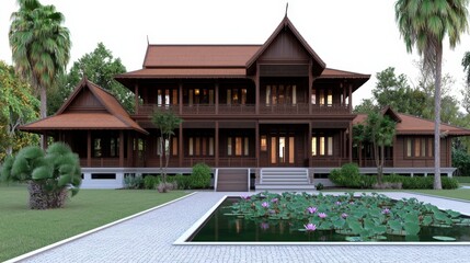 Obraz premium Cultural iconic Thailand, A traditional wooden house with a sloping roof, surrounded by lush greenery and a serene pond, showcasing classic architecture and natural beauty.