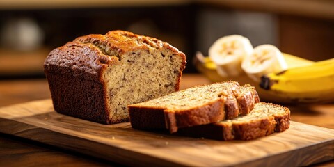Freshly baked banana bread loaf on a wooden board with sliced pieces, surrounded by ripe yellow bananas and soft natural lighting.