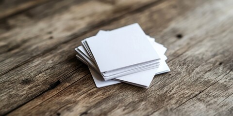 Fototapeta premium Stack of blank business cards neatly arranged on a rustic wooden tabletop with natural lighting showcasing the texture and color of the wood