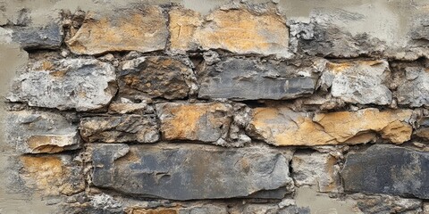 Obraz premium Ancient stone wall background in gray and brown hues showcasing textured layers and unique characteristics with rugged appeal and historic charm
