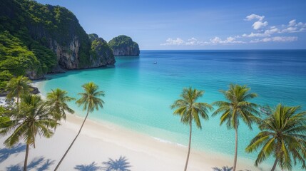 Naklejka premium Cultural iconic Thailand, A stunning beach scene featuring clear turquoise waters, sandy shores, and tall palm trees against a backdrop of rocky cliffs and a bright blue sky.