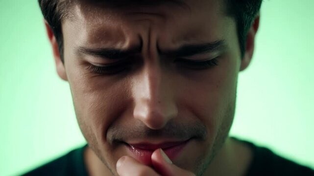 Close-up, static video of a young man with kind eyes, initial concern morphing into visible sadness, tears starting to form against a light green background with soft, diffused light