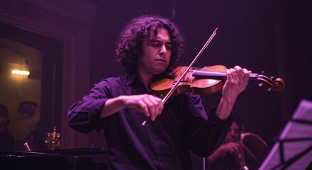 Fototapeta premium Musician passionately playing the violin on stage with soft lighting and audience in background