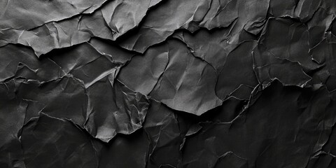 Crumpled black carbon paper textured background with deep shadows and highlights enhancing the intricate layers and creases for design use