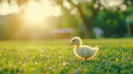Obraz premium Fluffy duckling walking in sunny park grass