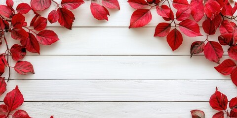 Vibrant red autumn leaves framing ample white wooden background space for text ideal for fall-themed marketing or seasonal promotions.