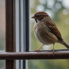 A sparrow standing on a windowsill, gazing curiously inside a home.