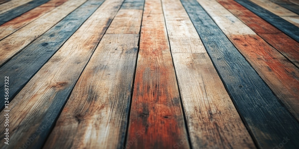 Canvas Prints Textured wooden floor in shades of brown, orange, and blue with natural patterns, creating an empty backdrop for design and decor elements.