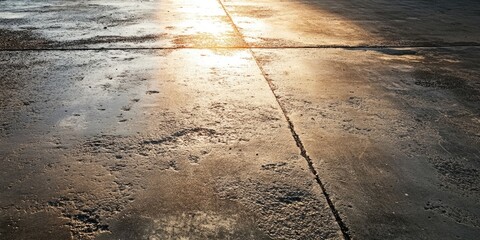 Sunlit concrete surface with texture details showcasing a warm orange glow reflecting off the pavement, capturing a serene outdoor atmosphere.