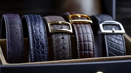 A collection of luxurious leather watch straps displayed in a stylish box with a textured background