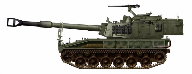 Concept of a 155mm self-propelled gun based on an extended FV-433 Abbot chassis with one pair of rollers and a turret from the M109A6 self-propelled gun © Tikros