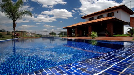 Chic beachfront home featuring a stunning pool design and lush green garden oasis