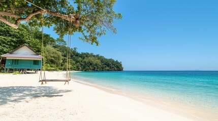Cultural iconic Thailand, A tranquil beach scene featuring a swing under a tree, crystal-clear water, and a serene blue sky.