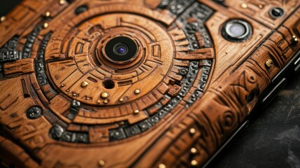 Fototapeta premium Futuristic handmade phone case with tech features urban setting product showcase close-up view innovative design