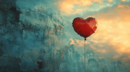 Obraz premium Valentine Day Heart Balloon Floating Against a Colorful Sky. Generative AI