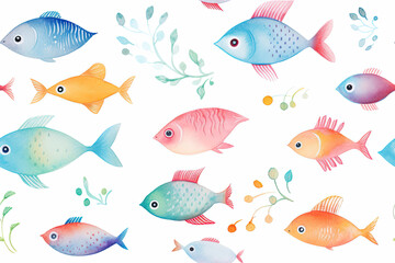 Naklejka premium Colorful Watercolor Fish Seamless Pattern Illustration