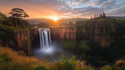 Sunrise over majestic waterfall, lush valley