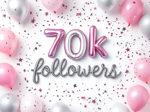 70k followers thank you written white background with silver and pink confetti and balloons