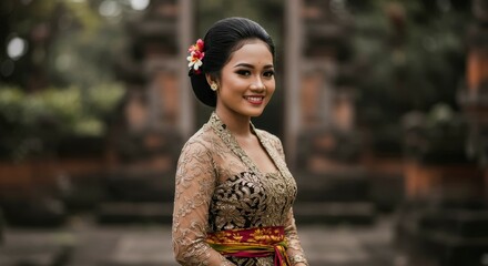 Traditional Balinese woman in ornate attire smiles amidst ancient temple backdrop, showcasing culture