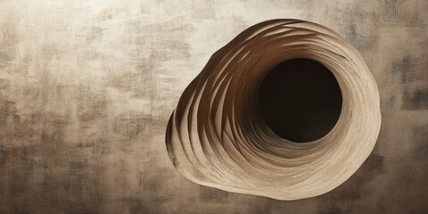 Abstract beige cardboard sculpture resembling a black hole with layered texture positioned centrally against a soft brown backdrop.