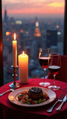 Romantic Candlelit Dinner with City Skyline: Perfect for Restaurant Ads, Travel Packages, and Event Planning
