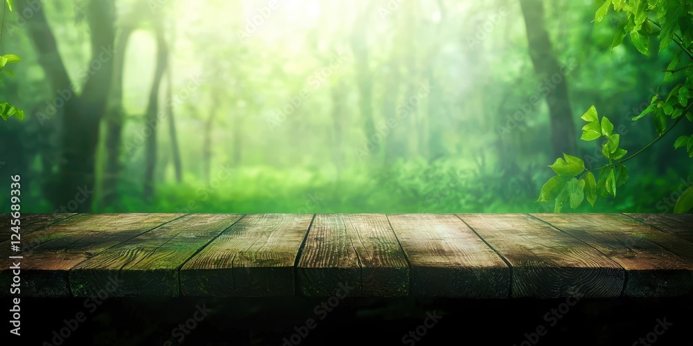 Poster wooden table with a view of a forest