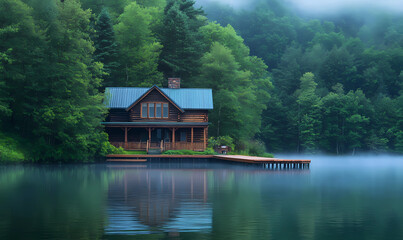 Obraz premium Lakefront Cabin with a Wooden Dock Surrounded by Nature for a Tranquil Waterfront Retreat
