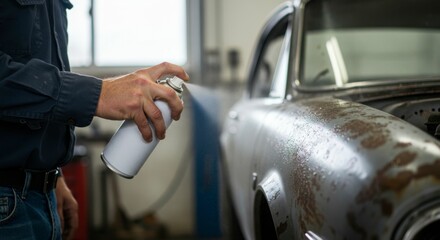 Mechanic applying spray paint to a vintage car in a workshop with tools and equipment visible