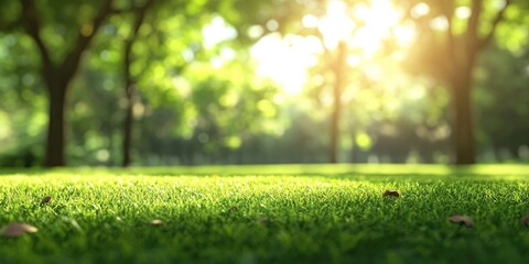 Bright sunlit park with lush green grass in foreground and blurred trees in the background, creating a warm natural atmosphere with soft sunlight.