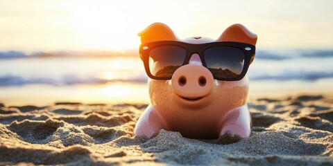 Obraz premium Piggy bank lounging on sandy beach at sunset wearing sunglasses with ocean waves in background warm tones of orange and pink in the sky
