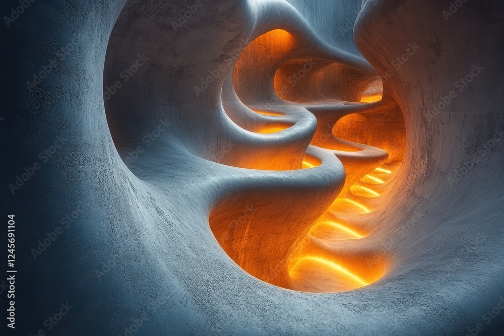 Poster close up view of a tunnel with light shining through and abstract spirals in zen papaya color scheme