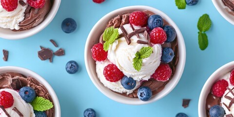 Aerial view of assorted ice cream in white bowls topped with fresh raspberries blueberries mint leaves and chocolate shavings on a blue background