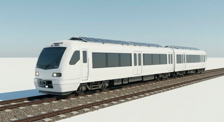 Fototapeta premium Modern train traveling on tracks in a snowy landscape under a clear blue sky