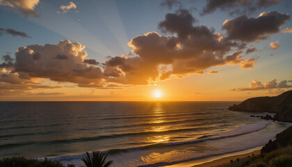 Scenic ocean sunset with clouds and golden rays