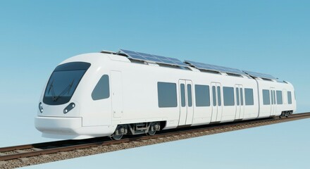 Naklejka premium Modern solar-powered train on elevated tracks against a clear blue sky, showcasing innovative transport