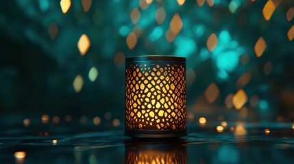 Ornate Ramadan Lantern with Mystical GlowDecorative Lantern with Candle and Bokeh Lights
