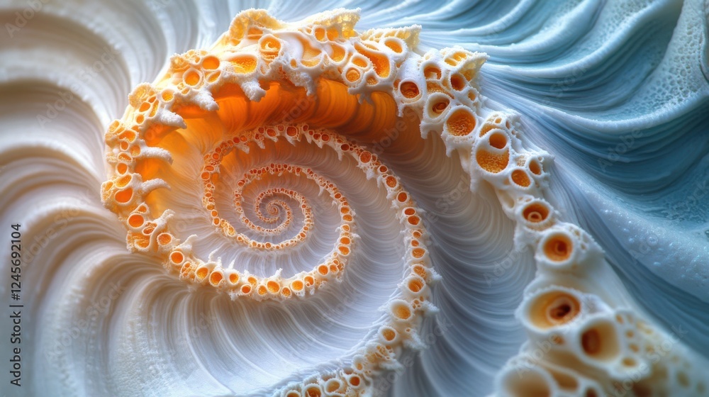 Poster close up of spiral shaped object with abstract zen papaya design and spirals background