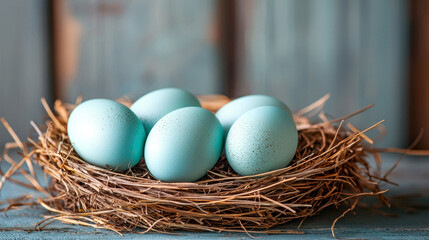 Obraz premium Serene Pastel Blue Eggs in a Rustic Bird Nest: A Breathtaking Still Life Photography