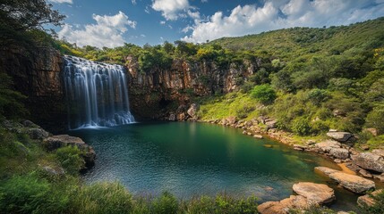 Fototapeta premium Waterfall cascading into serene pool, lush greenery, sunny day, nature background; travel brochure